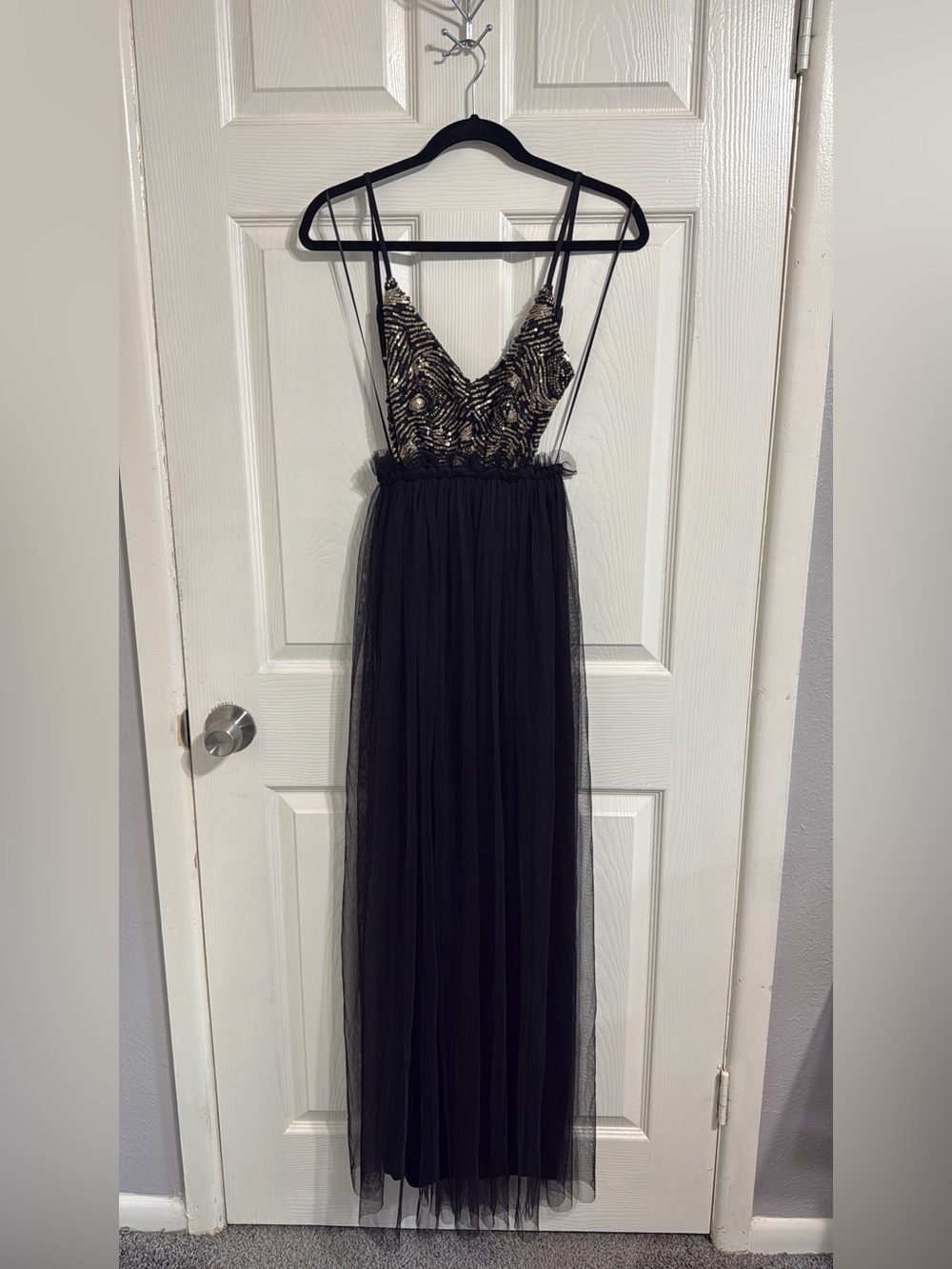 Black Tulle Evening Gown with Gold Sequin Bodice